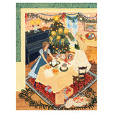 Illustration of a woman decorating a Christmas tree in a cozy living room.