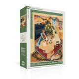 Jigsaw puzzle box featuring a Christmas scene with a family around a tree, on a white background.