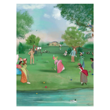 Illustration of a golf game with people on a green course.