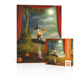Halloween-themed puzzle box with a ballerina in a witch costume and pumpkins.