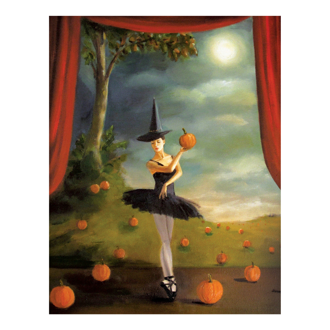 Painting of a ballerina in a witch costume holding a pumpkin against a scenic background with red curtains.
