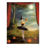 Painting of a ballerina in a witch costume holding a pumpkin against a scenic background with red curtains.