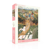 Jigsaw puzzle box with a colorful illustration of a man delivering flowers and a woman walking a dog in a garden.