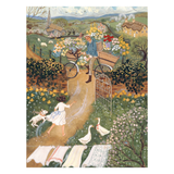 Painting of a man with a bicycle and basket of flowers in a garden setting.