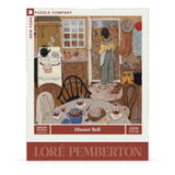 Jigsaw puzzle box featuring an illustration of a woman in a kitchen with 'Dinner Bell' text and 'Lore Pemberton' name.