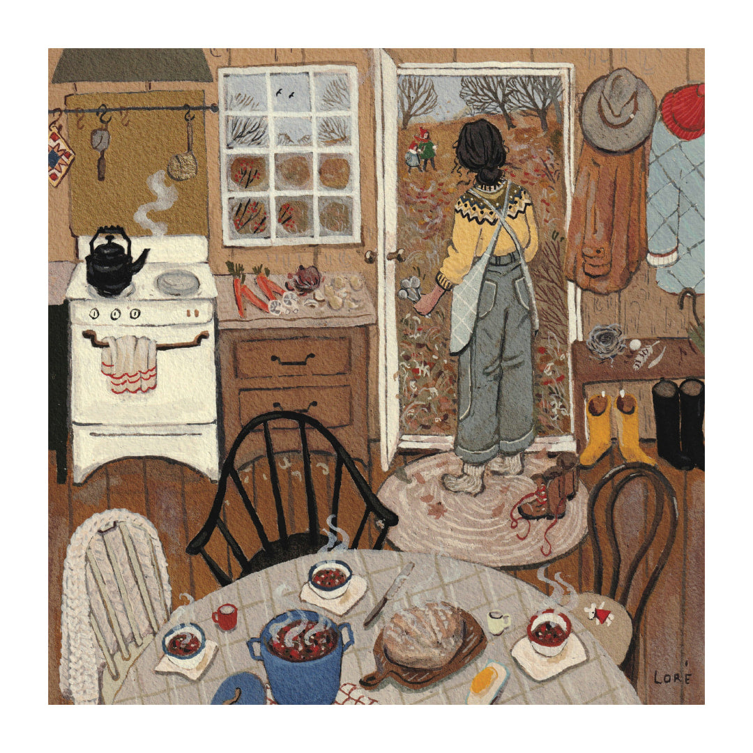 Illustration of a person standing in a kitchen with a table set for a meal.