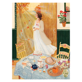 Woman in a white dress standing by a table set for a meal with autumn decorations.