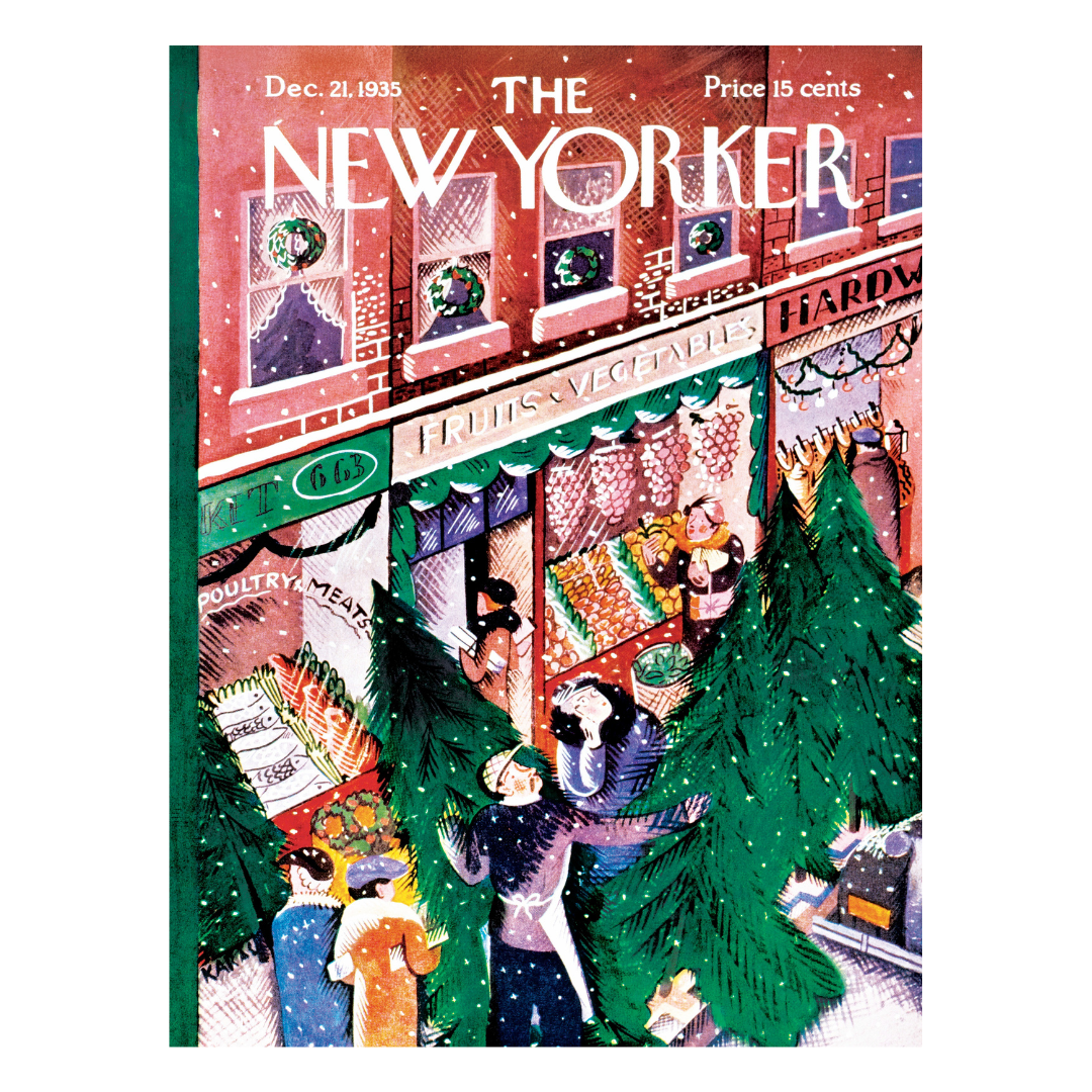 Illustrated cover of 'The New Yorker' magazine from December 21, 1935, depicting a snowy street scene with people and a Christmas tree.