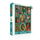 Jigsaw puzzle box with portrait images and 'Familiar Strangers' text on a white background