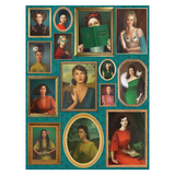 Collage of portraits on a teal background
