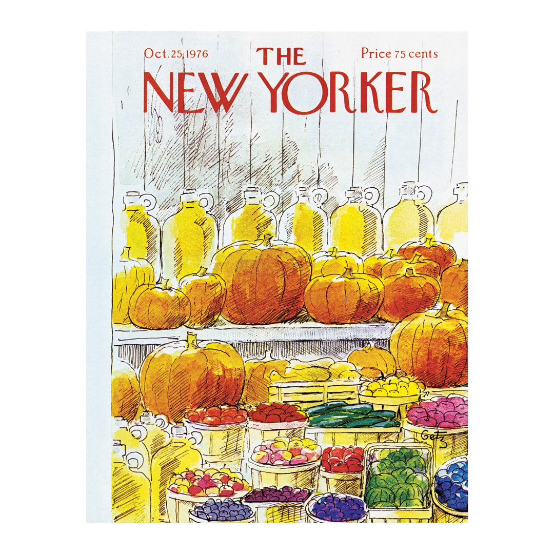 Cover of 'The New Yorker' magazine featuring pumpkins and vegetables.
