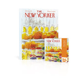The New Yorker puzzle box with pumpkins and fruit stand illustration on a white background