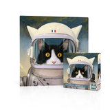 Cat in an astronaut helmet with a small inset showing the brand 'Felicite's Astrocat'.