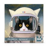 Jigsaw puzzle box featuring a cat in an astronaut helmet with 'Félicette - Astrocat' text.