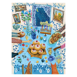 A colorful illustrated holiday scene featuring a decorated table with challahs, candles, menorahs, flowers, framed artwork, and hands around the table, rendered in a whimsical folk-art style.