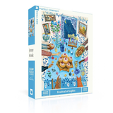A 1000-piece jigsaw puzzle box by Puzzle Company, featuring an illustrated scene from 'The Festival of Lights' by Jenny Kroek. The box is white with a light blue spine and border, showcasing a colorful, festive illustration with candles, donuts, and menorahs.