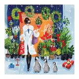 Illustration of a woman in a festive setting with plants, wreaths, and presents.