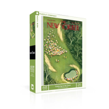 Jigsaw puzzle box featuring 'The New Yorker' magazine cover with people on a green field.