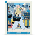 Jigsaw puzzle box featuring an illustration of a woman with a large handbag from The New Yorker magazine.