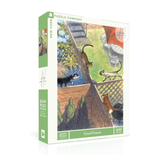 Jigsaw puzzle box with cats on the top of a fence illustration, 'Good Fences' by New York Puzzle Company.
