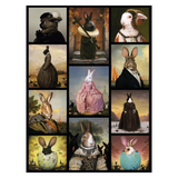 Collage of stylized rabbit portraits in various poses and outfits.