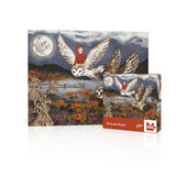 Jigsaw puzzle box with artwork of a girl riding an owl under a full moon, set against a harvest scene.