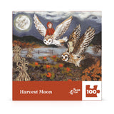 Jigsaw puzzle box titled 'Harvest Moon' with owl design on a white background