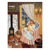Illustration of a cozy room with a woman and a child in a striped armchair.