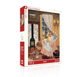 Jigsaw puzzle box with a woman sitting on a couch in a room, featuring the New York Puzzle Company branding.