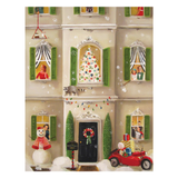 A festive illustrated scene of a cream-colored house decorated for Christmas, with green shutters, windows showing holiday families and a dog, a snowman at the door, a red vintage car with wrapped gifts, and snowflakes falling.