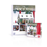 A vintage-style holiday jigsaw puzzle box and its assembled puzzle cover displayed on a clean white background. The artwork shows a snowy house with red chimneys and a festive village scene, with The New Yorker branding visible.