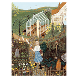 Illustration of a woman tending to a garden with a greenhouse and house in the background.