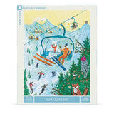 Puzzle box with a winter scene featuring people on a ski lift and animals skiing.