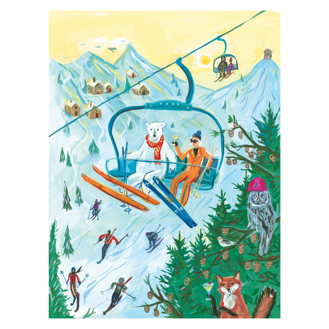 Illustration of a ski lift with skiers and animals in a snowy mountain setting