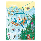 Illustration of a ski lift with skiers and animals in a snowy mountain setting