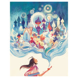 Colorful illustration of a girl with fairies and a castle in the sky