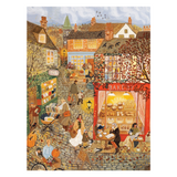 A detailed, colorful illustration of a cozy autumn street scene with people walking and dining outside a bakery, set against a clean white background.