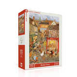 A 1500-piece jigsaw puzzle box by Puzzle Company, featuring an illustration of a bustling Market Town street scene. The box has a white front with the puzzle artwork and red side panels with 'NEW YORK PUZZLE COMPANY' branding.