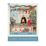 Jigsaw puzzle packaging with a Christmas scene illustration, featuring a fireplace and tree.
