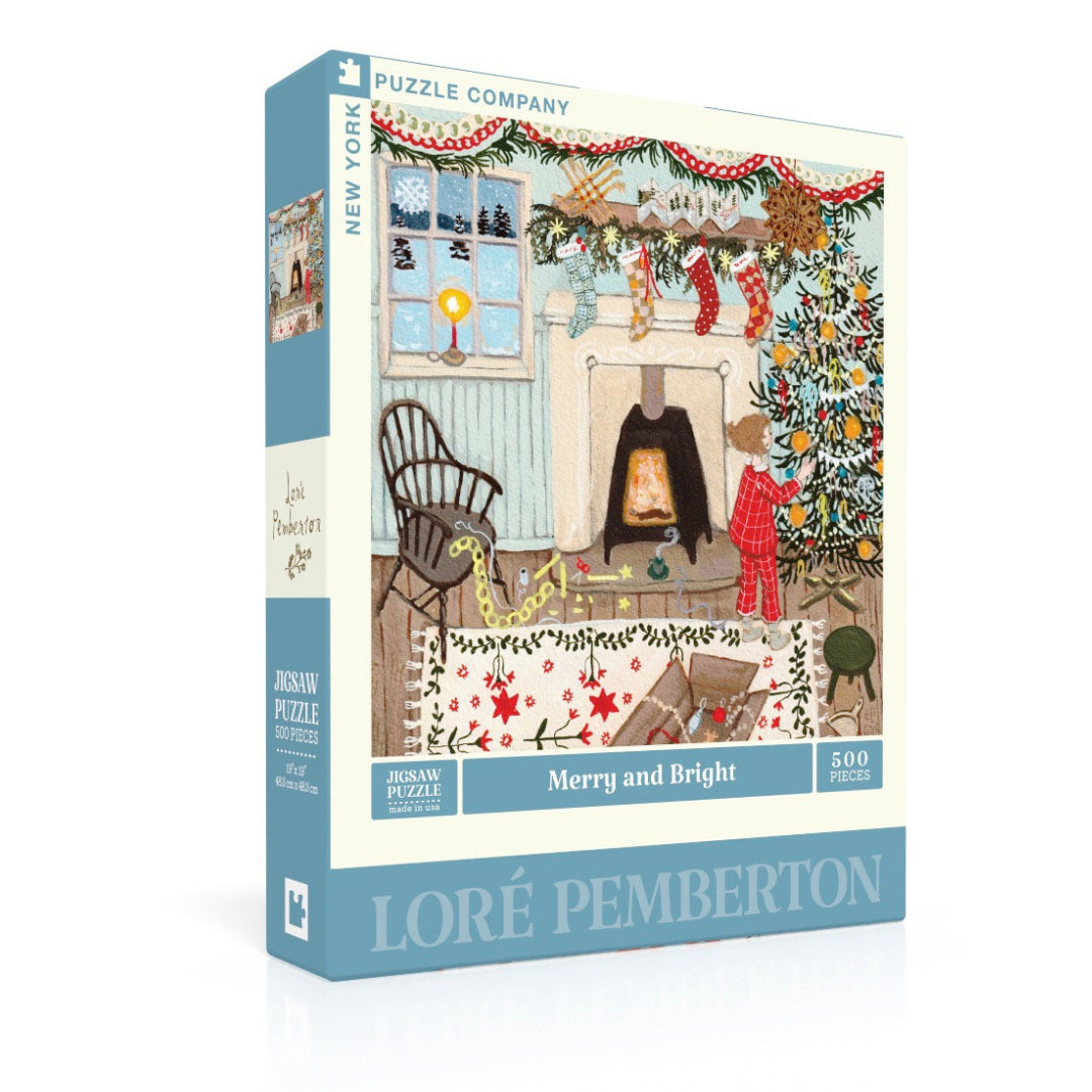 Jigsaw puzzle box with a festive scene of a living room, decorated for Christmas, featuring the New York Puzzle Company.