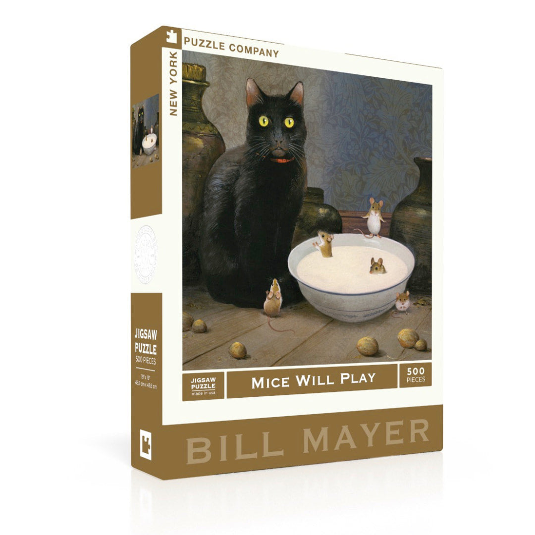 Jigsaw puzzle box featuring a black cat and mice with 'Mice Will Play' text and 'Bill Mayer' branding.