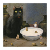 Black cat with yellow eyes sitting next to a bowl of mice in a classical setting.