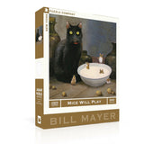 Jigsaw puzzle box featuring a black cat and mice with 'Mice Will Play' text and 'Bill Mayer' branding.