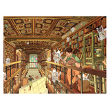 Illustration of a person reading a book in a grand library with intricate ceiling and bookshelves.