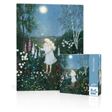 A puzzle of a women outdoors in a garden under moonlight  100 piece puzzle and box