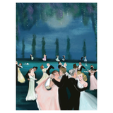 Illustration of a formal dance under a starry night sky with people in evening attire.