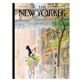 Cover of The New Yorker magazine with a cartoon illustration of a character on a bicycle.