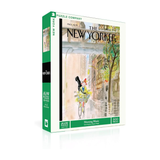 Jigsaw puzzle box featuring 'The New Yorker' magazine cover with a person on a bicycle with an instrument case on her back.