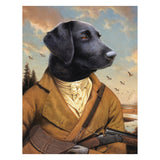 Black dog in a hunting outfit with a scenic background
