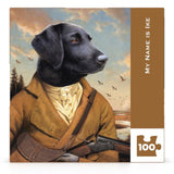 Jigsaw puzzle box with a black dog in a hunting outfit against a scenic background